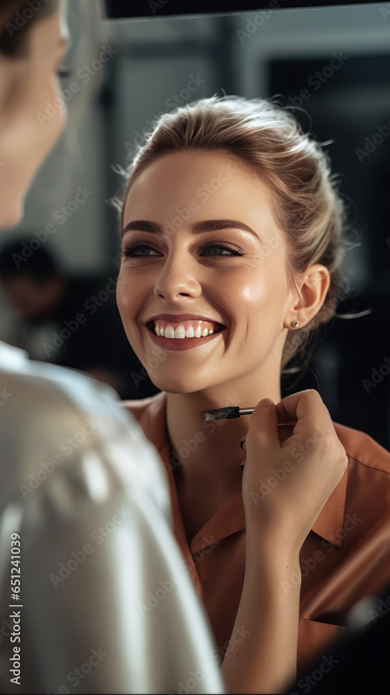 a happy make-up artist giving a make-up tutorial. Depth of field.generative ai