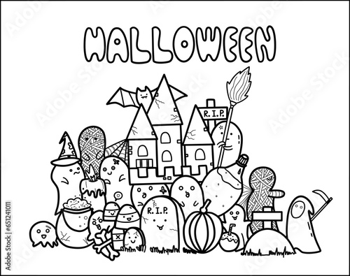 Happy Halloween hand drawn cartoon doodles illustration. Holiday funny objects and elements poster design. Creative art background.