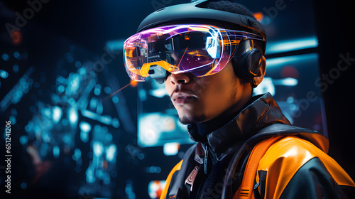 Young youthful man wearing a futuristic reality headset for augmented reality and artificial intelligence