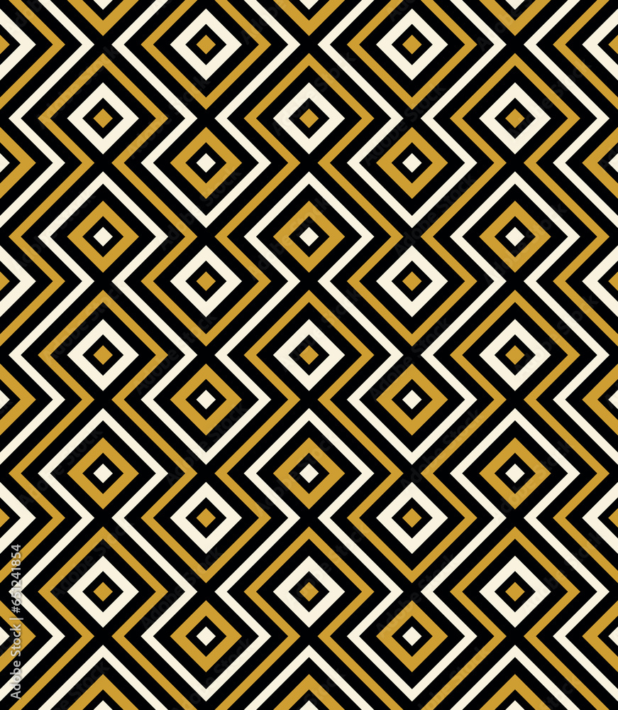 Seamless striped pattern. Zigzag lines and black, yellow, and white concentric squares. Geometric abstract background. Modern ethnic design. Vector illustration for fabric, textile, cloth, and print. Seamless striped pattern. Zigzag lines and black, yellow, and white concentric squares. Geometric abstract background. Modern ethnic design. Vector illustration for fabric, textile, cloth, and print.