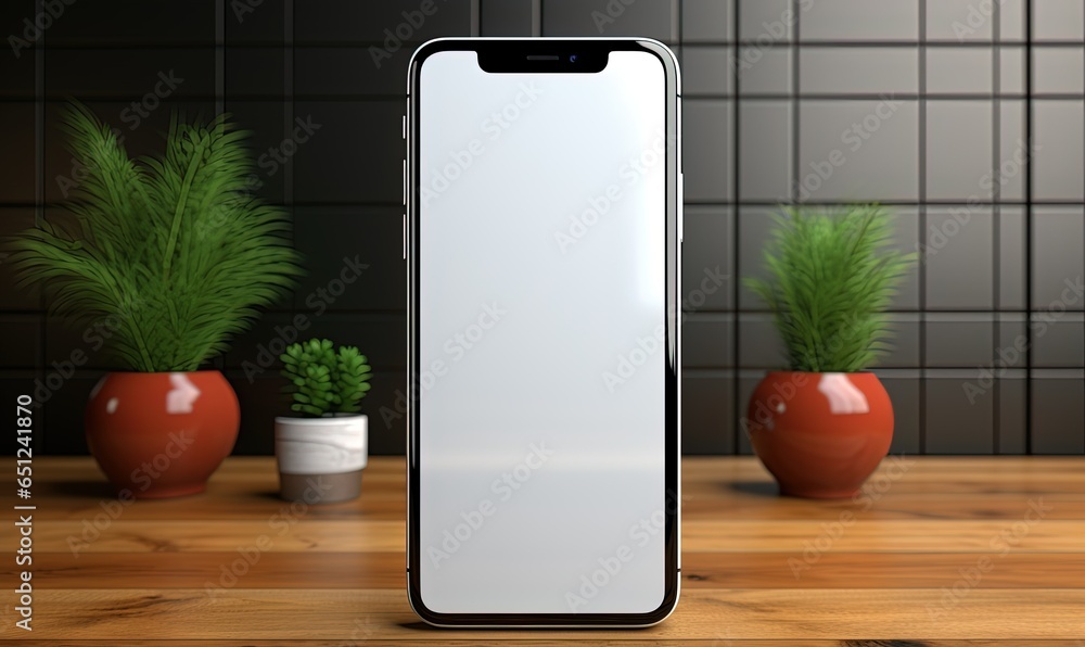 Isolated touchscreen smartphone mockup with blank screen on a wooden table Isolated touchscreen smartphone mockup with blank screen on a wooden table