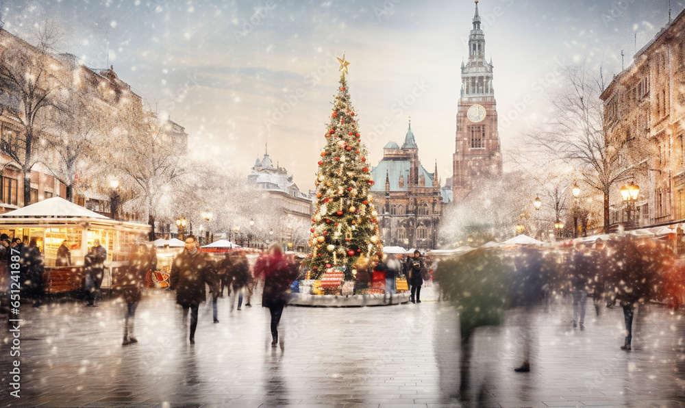 Motion Blur Illustration of Christmas Decorations in Middle of Winter City. generative ai