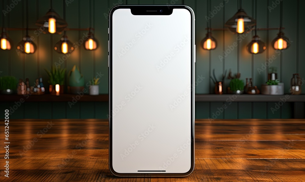 Isolated touchscreen smartphone mockup with blank screen on a wooden table Isolated touchscreen smartphone mockup with blank screen on a wooden table