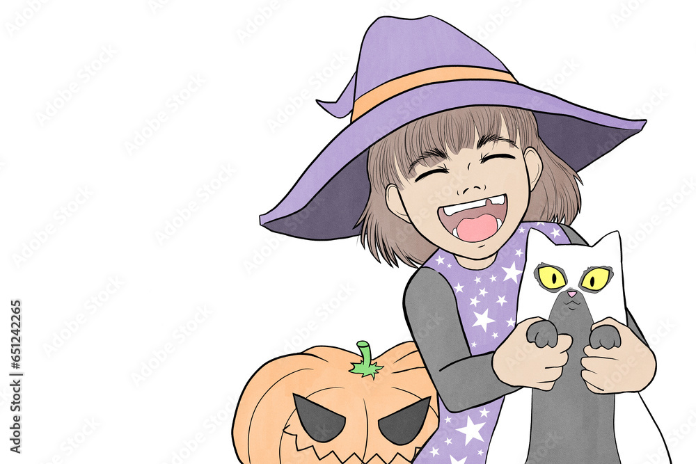 Cute little kid dressed up in a witch Halloween costume with a cat in a ghost costume and a pumpkin