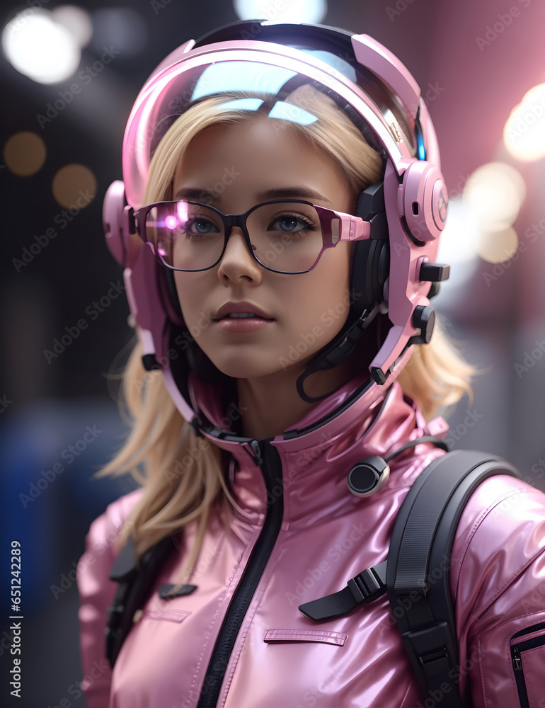 woman. Long blonde hair, glasses, Wear pink an astronaut suit and helmet. in city. Ai generative