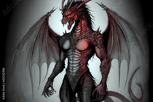 Dragon humanoid with a human face and long dark hair red scaly skin muscular two horns on forehead pointy frilled ears slit reptile eyes clawed hands digitigrade legs long dragon tail and wings 
