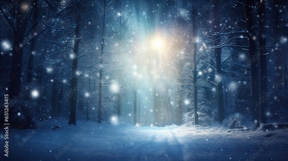  a snowy forest with a light shining in the middle of it.  generative ai