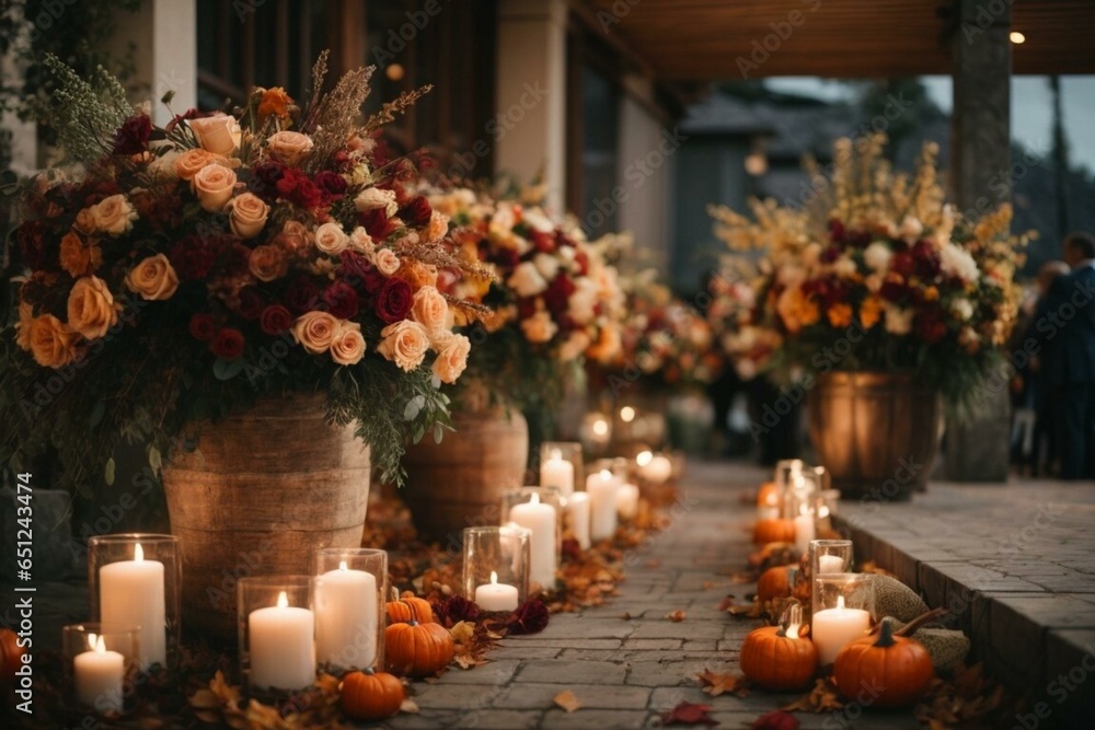 Luxury wedding decor elements with flowers and candles for an outdoor night ceremony. Romantic atmosphere, cozy autumn evening.
