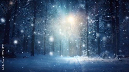  a snowy forest with a light shining in the middle of it. generative ai