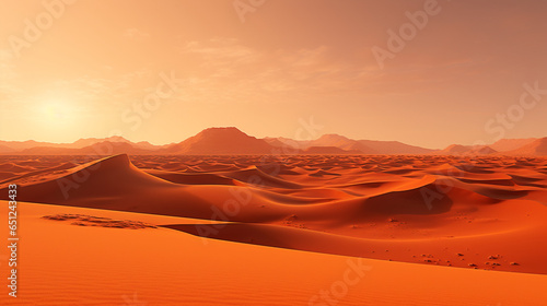 Epic desert panorama: The sun sets in a blaze of gold over a sea of undulating dunes. The sands stretch infinitely, a canvas for nature's fiery farewell. 