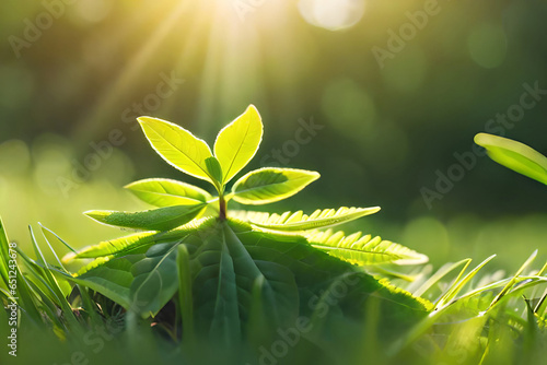 Close Up of a young plant bathed in morning. AI Generation