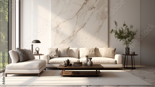 An elegantly polished marble wall complements the design of a modern living room with a mockup poster blank frame.