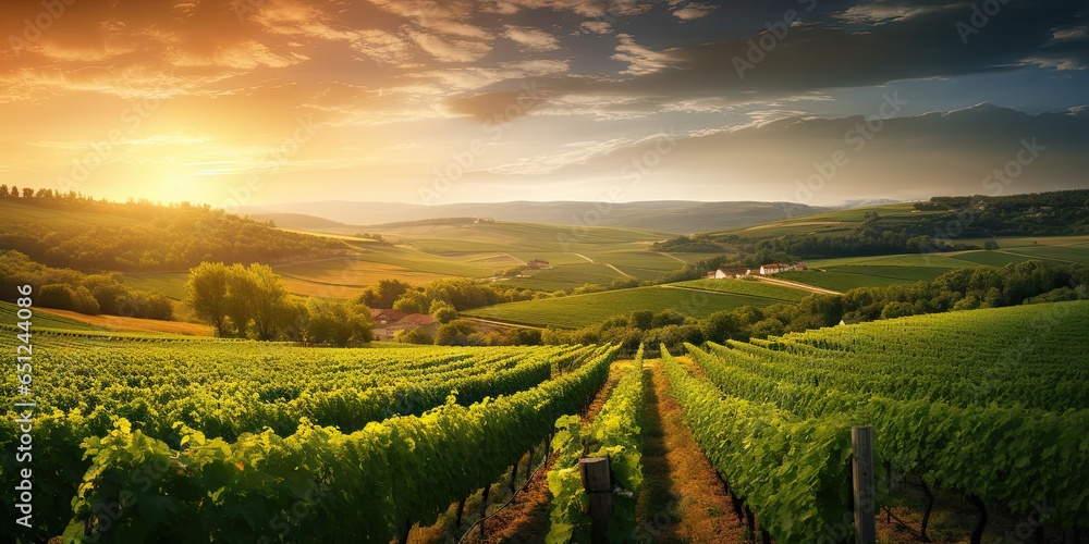 Beauty unveiled in countryside. Nature palette. Vineyard rows aglow in warmth of sunset. Italian dreams. Grapes ripening under setting sun