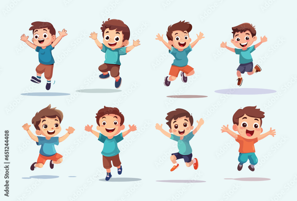 set of cartoon people being happy and jumping. The design uses a flat, minimalist and simple vector style