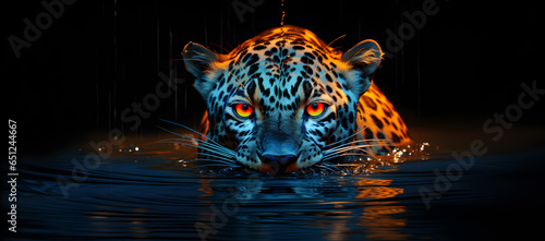 a leopard that is glowing in the dark water photo