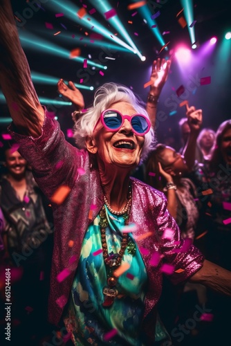 Senior Woman Dancing Ecstatically at a Party. Elderly woman dancing with joy among partygoers.