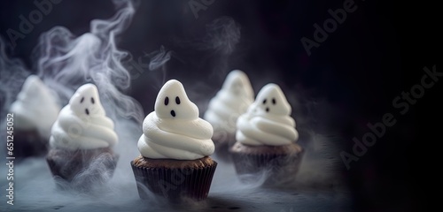 White meringue, icing or marshmallow shaped like ghost. Cute sweet spirits sitting on cupcake, muffins. Treat for Halloween celebration, in smoke or fog to surprise with a friendly booh! photo