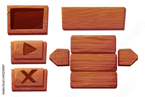 Set of wooden game menu elements tablets, hanging textured panels rope, signboards with pointer, in cartoon style isolated on white background. Rustic board, plank with place. Ui game assets