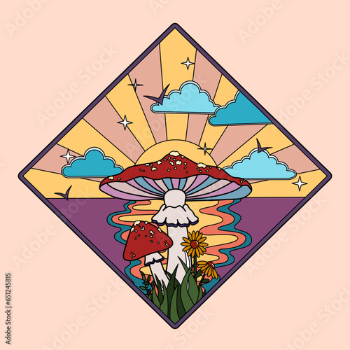 Retro psychedelic groovy mushroom illustration.  Psychedelic Mushroom and Flower, clouds, sun. Fly agaric mushroom. Cartoon hippy stickers. Hippy Mushroom Sunshine Illustration Print.