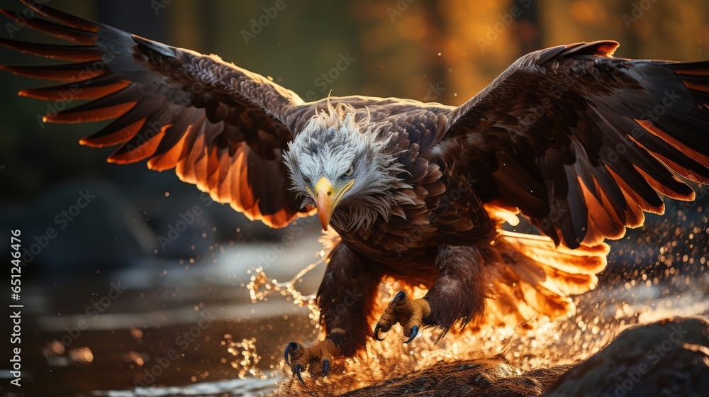 Fototapeta premium Beautiful shot of an eagle flying over the water with the setting sun in the background