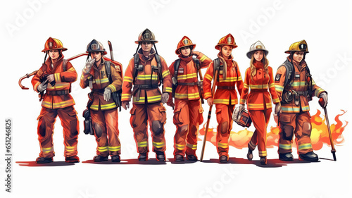 a group of firefighters on a white background,cartoon,a fire station.