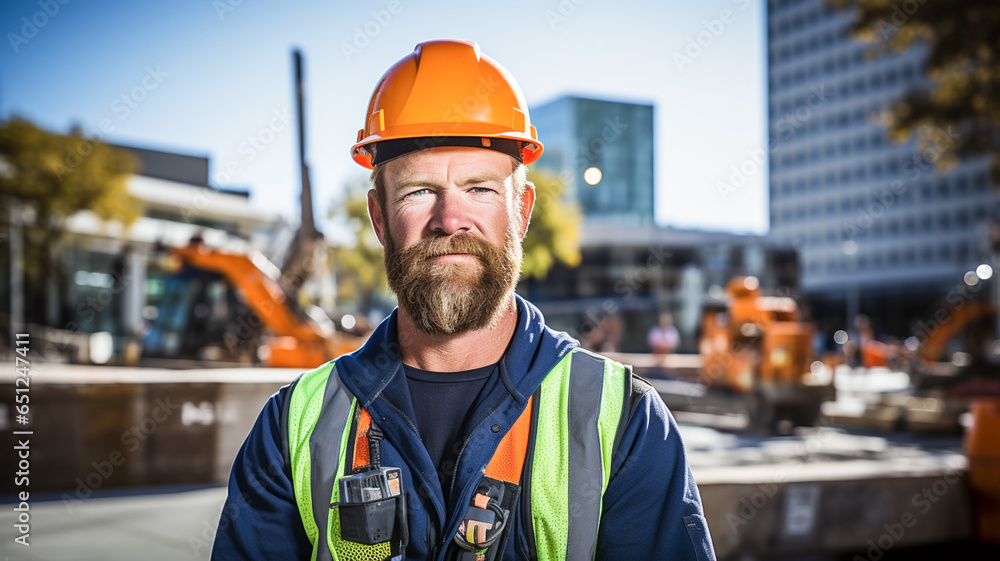 Successful construction site worker in hard hat on a construction site in the city. Engineer, Architect Construction Site Planning Concept.
Successful construction site worker in hard hat on a construction site in the city. Engineer, Architect Construction Site Planning Concept.