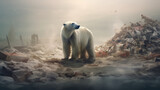A polar bear stands amidst a sea of ice filled with plastic bottles that is polluting the environment.generative ai
