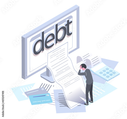 vector isometric illustration of debt and bankruptcy,a man depress for debt