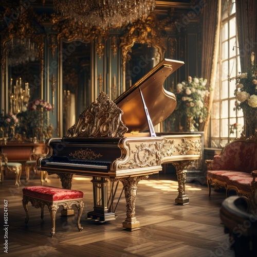 Luxurious grand piano in a room with flowers and high windows. Royal Palace. Vases with flowers and crystal chandeliers. Generative AI. photo