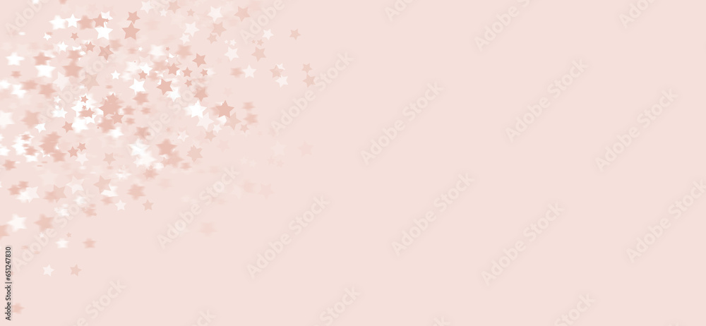 Layout with Star-shaped Confetti Scattered on a Light Coral Background. Delicate Frame Made of White and Blush Pink Stars. No Text. Winter Holidays Background with Copy Space. Christmas Layout.
