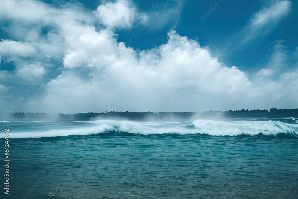 Beautiful tropical beach near the shore with huge waves 