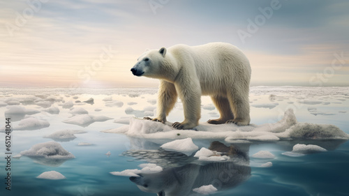 A polar bear stands amidst a sea of ice filled with plastic bottles that is polluting the environment.generative ai