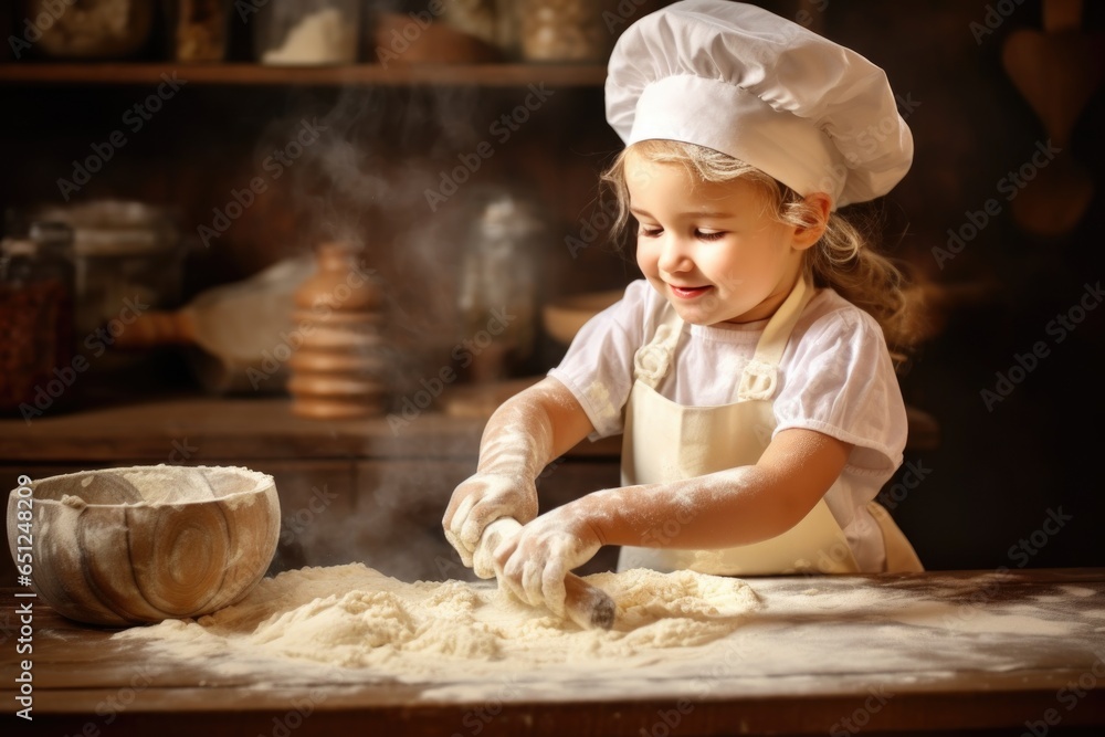 happy child in beautiful chef's clothes prepares a pie happy child in beautiful chef's clothes prepares a pie
