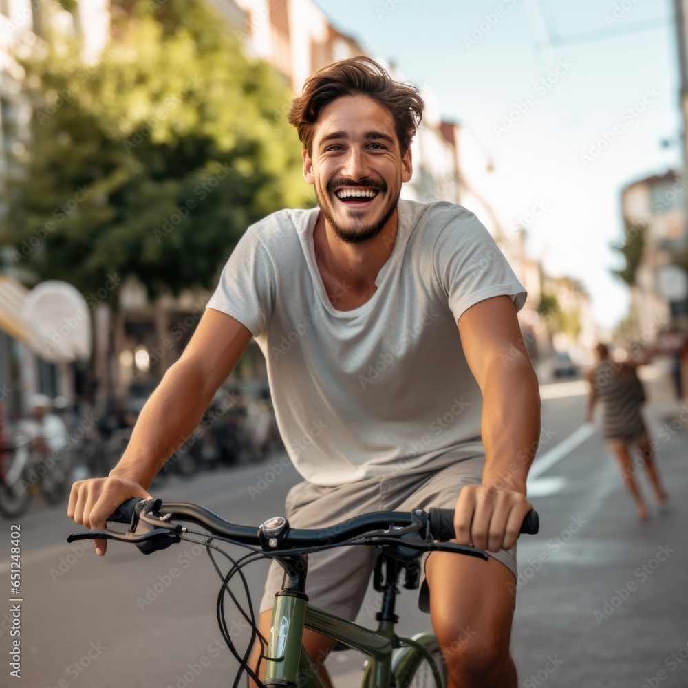 handsome man riding a bicycle on a sunny day