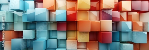 Abstract texture wall with colorful squares and rectangles for background banner. Illustration panorama. Textured 3d geometric wallpaper.