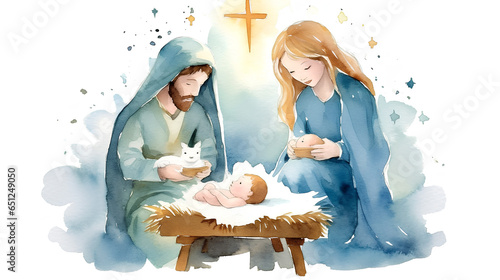 Christmas nativity scene with the holy family. Watercolor illustration.