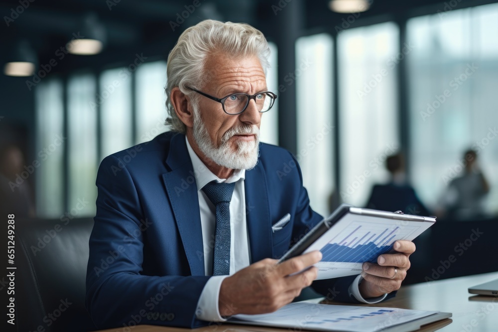 A handsome middle-aged man with gray hair in a stylish business suit is holding a conference and showing growth charts. A handsome middle-aged man with gray hair in a stylish business suit is holding a conference and showing growth charts.