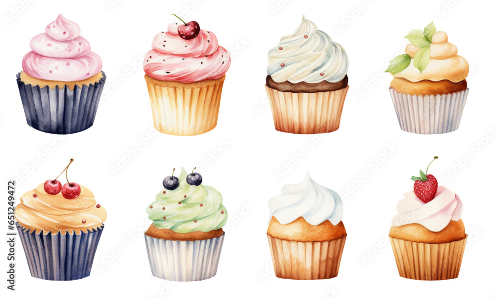 Collection of sweet cupcakes in many flavors in watercolor style for decorating holiday cards. Collection of sweet cupcakes in many flavors in watercolor style for decorating holiday cards.