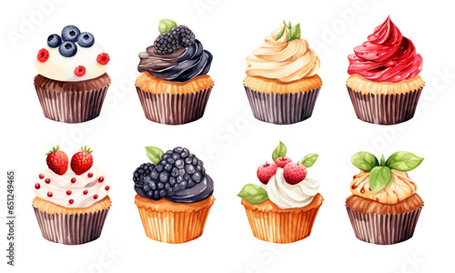 Collection of sweet cupcakes in many flavors in watercolor style for decorating holiday cards.