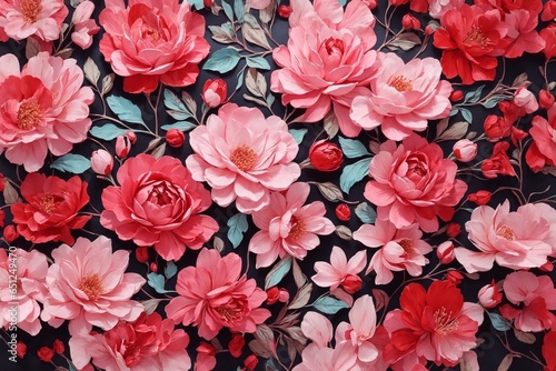 pink and red roses background, roses pattern on dark background © Jan