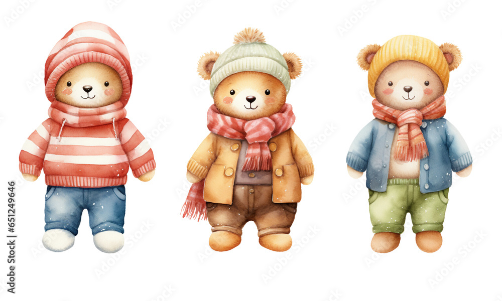 A collection of cute teddy bears in various outfits, male, female and children, watercolor style for decorating festival cards. A collection of cute teddy bears in various outfits, male, female and children, watercolor style for decorating festival cards.