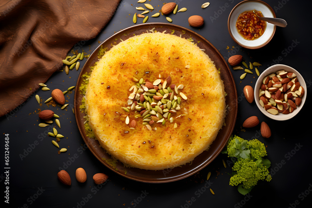 Oriental Arabic sweets cake kunafa with cheese and pistachios - obrazy, fototapety, plakaty 