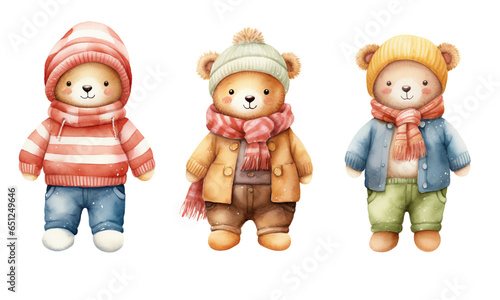 A collection of cute teddy bears in various outfits, male, female and children, watercolor style for decorating festival cards. © linen
