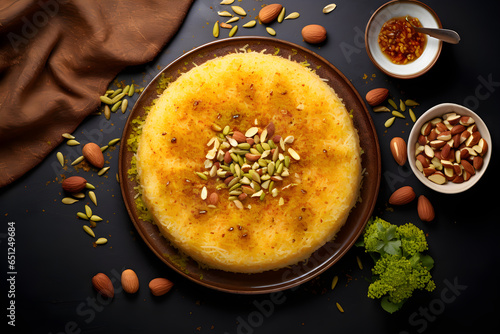 Oriental Arabic sweets cake kunafa with cheese and pistachios photo