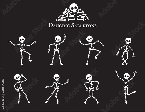 A whimsical dance of expressive skeletal figures, inspired by famous characters, perfect for Halloween and Dia de Muertos celebrations.