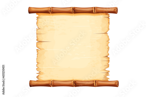 Bamboo frame with old parchment paper decorated with rope in cartoon style isolated on white background. Game ui board, sign