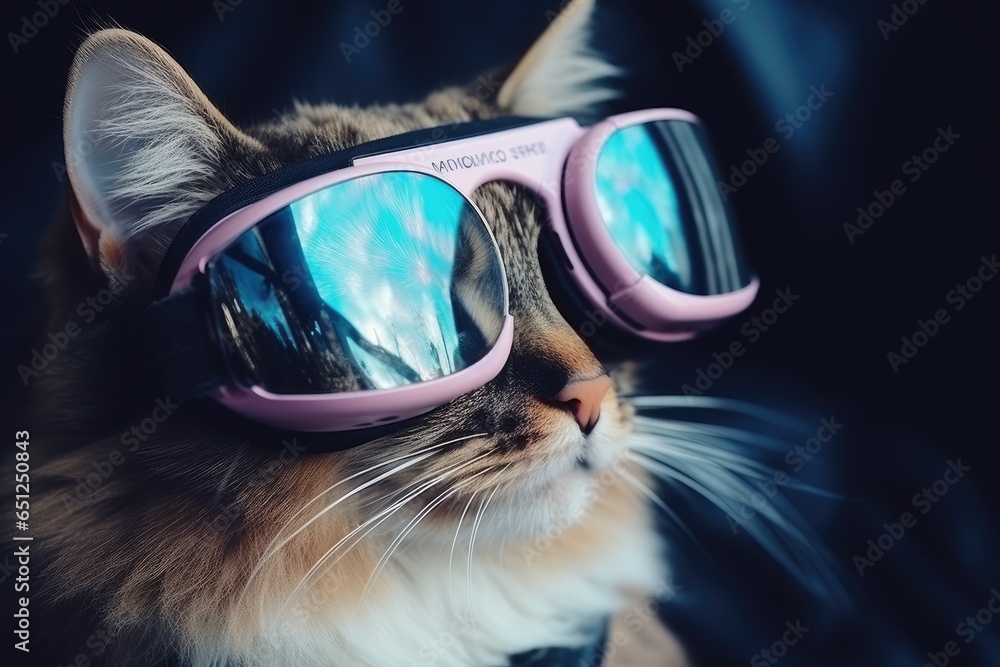 Close up of a cat wearing pink sunglasses. Portrait of a cat, Cute cat wearing virtual reality goggles, close up. Technology concept, AI Generated
