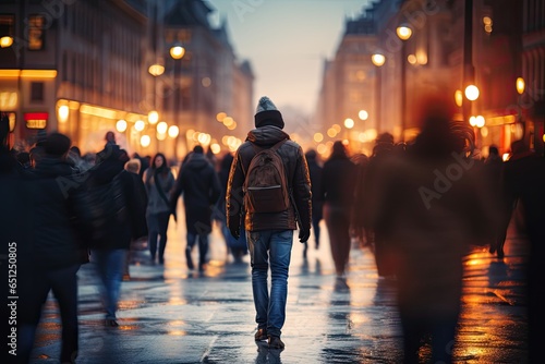 Crowd of people walking on the street in the evening at sunset, Crowd of people walking in the city at night. Blurred background, AI Generated