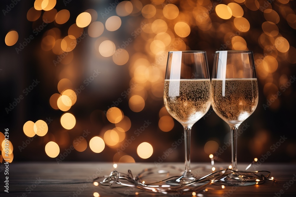 Two crystal glasses of champagne on a blurred background of bokeh garlands Two crystal glasses of champagne on a blurred background of bokeh garlands