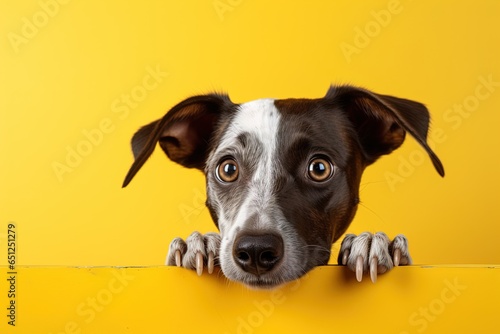 Cute young frightened brown and white dog peeking out against a bright yellow background